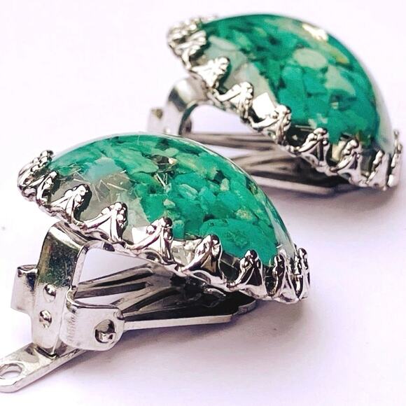 VTG 60s Turquoise Earrings Stone Chip Resin Dome Silver Tone Clip On Mid Century - Picture 6 of 12